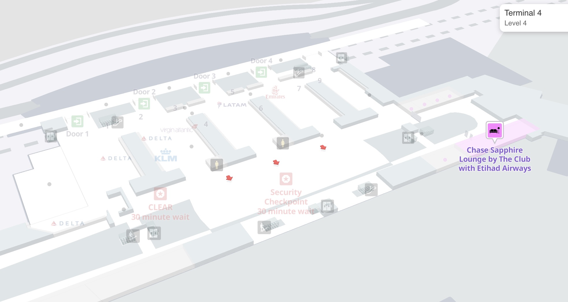 Map of JFK Terminal 4 showing the location of the security checkpoint and the Chase Sapphire Lounge by the Club with Etihad Airways